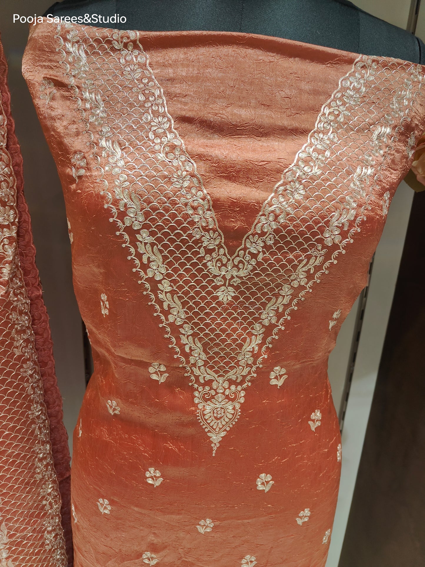 AARSAA Rust Crushed Tissue Pita Work Unstitched Suit with Floral Threadwork ,Pita work Border Dupatta and pita work on pant