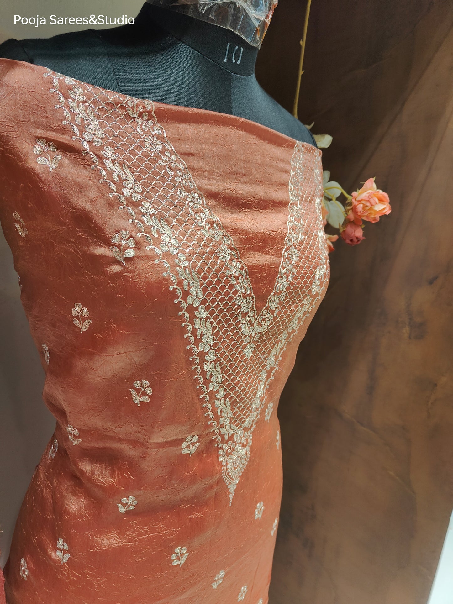 AARSAA Rust Crushed Tissue Pita Work Unstitched Suit with Floral Threadwork ,Pita work Border Dupatta and pita work on pant