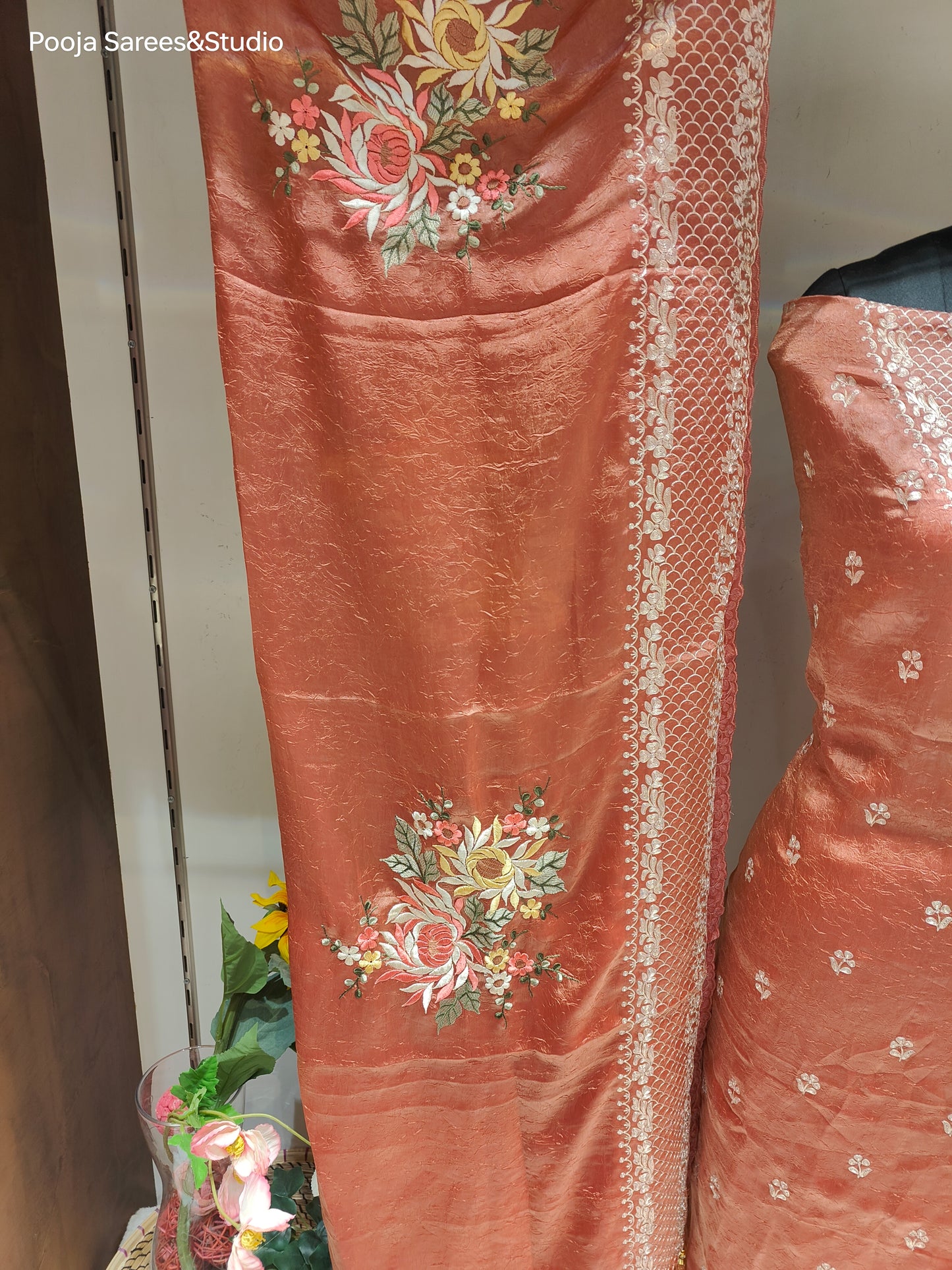 AARSAA Rust Crushed Tissue Pita Work Unstitched Suit with Floral Threadwork ,Pita work Border Dupatta and pita work on pant