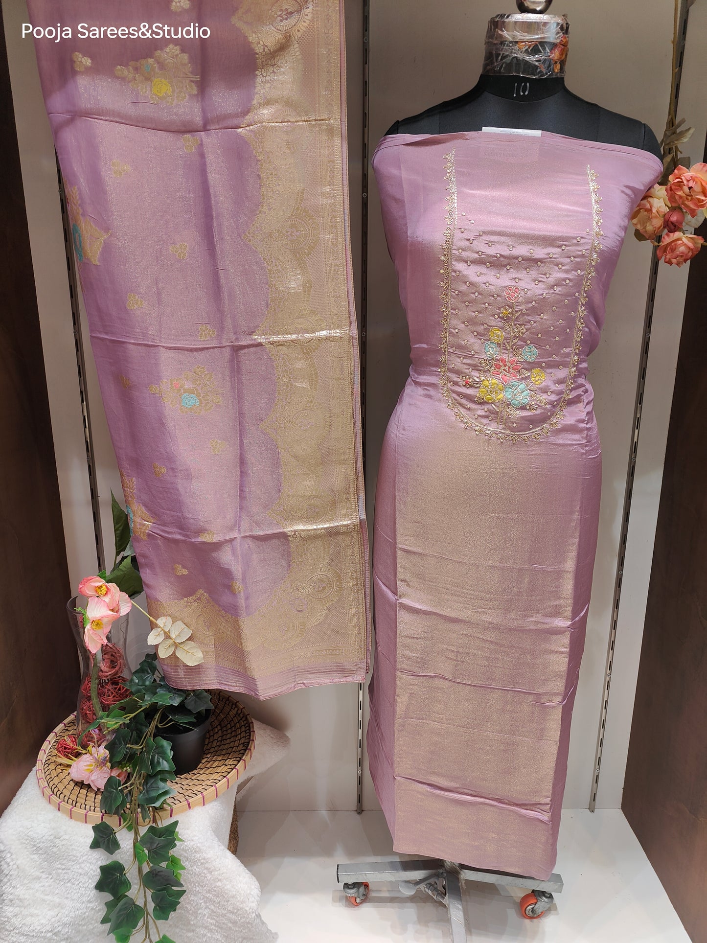 AARSAA Lilac Tissue Zardozi Applique work Unstitched Suit with Rich Tissue Banarasi Dupatta