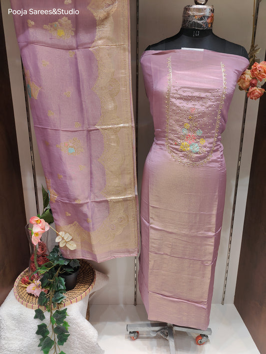 AARSAA Lilac Tissue Zardozi Applique work Unstitched Suit with Rich Tissue Banarasi Dupatta