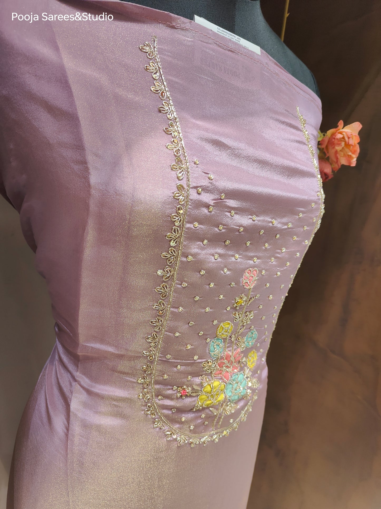 AARSAA Lilac Tissue Zardozi Applique work Unstitched Suit with Rich Tissue Banarasi Dupatta