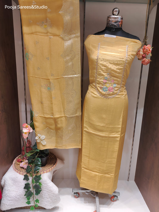 AARSAA Mustard Tissue Zardozi Applique work Unstitched Suit with Rich Tissue Banarasi Dupatta