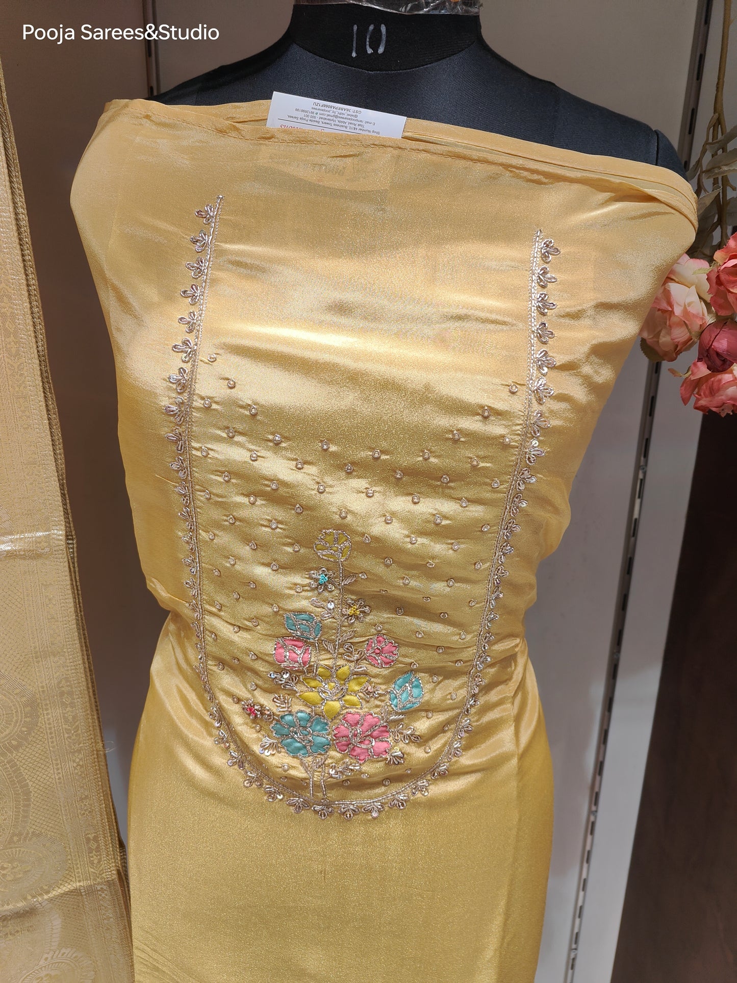 AARSAA Mustard Tissue Zardozi Applique work Unstitched Suit with Rich Tissue Banarasi Dupatta