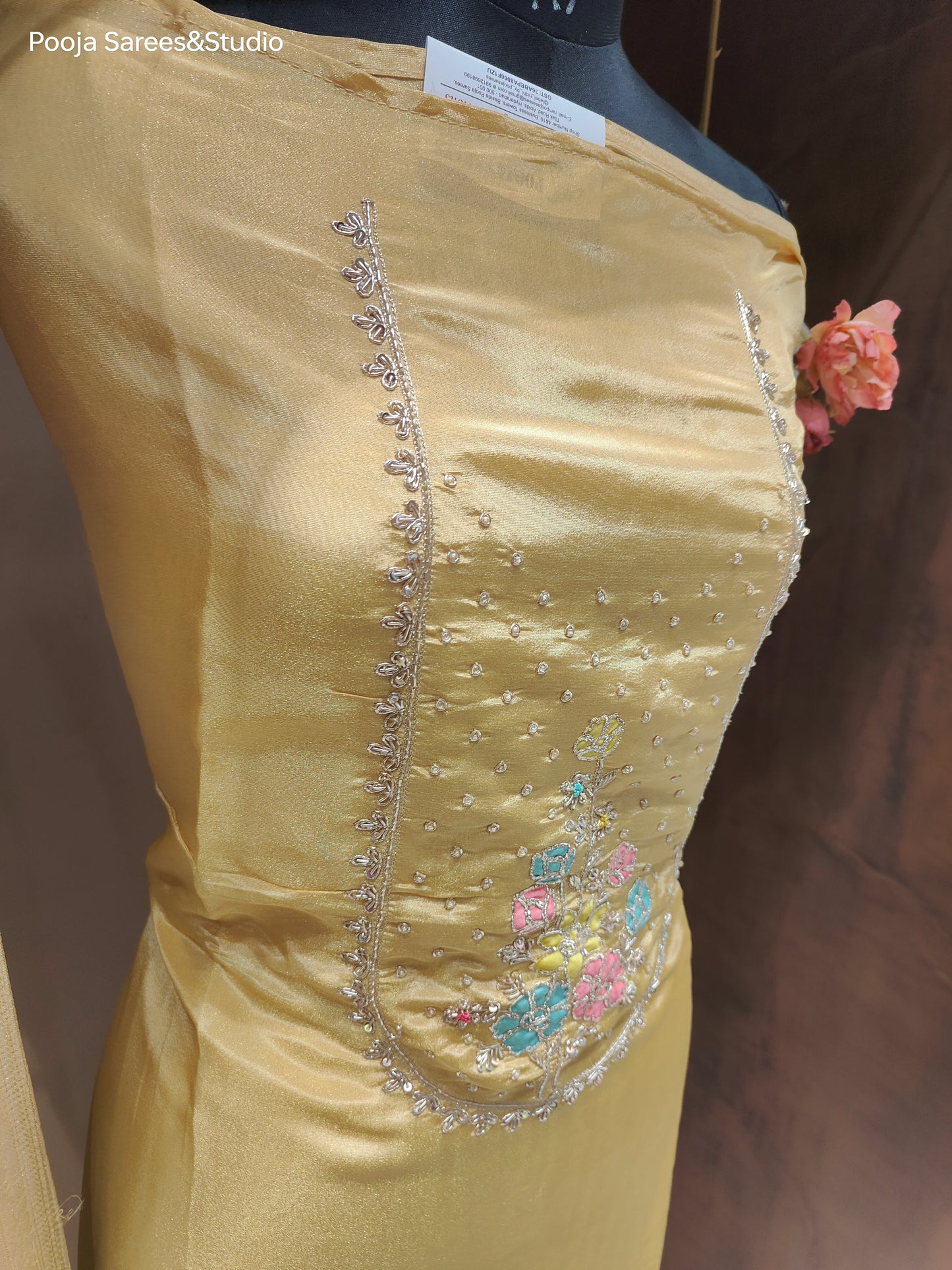 AARSAA Mustard Tissue Zardozi Applique work Unstitched Suit with Rich Tissue Banarasi Dupatta