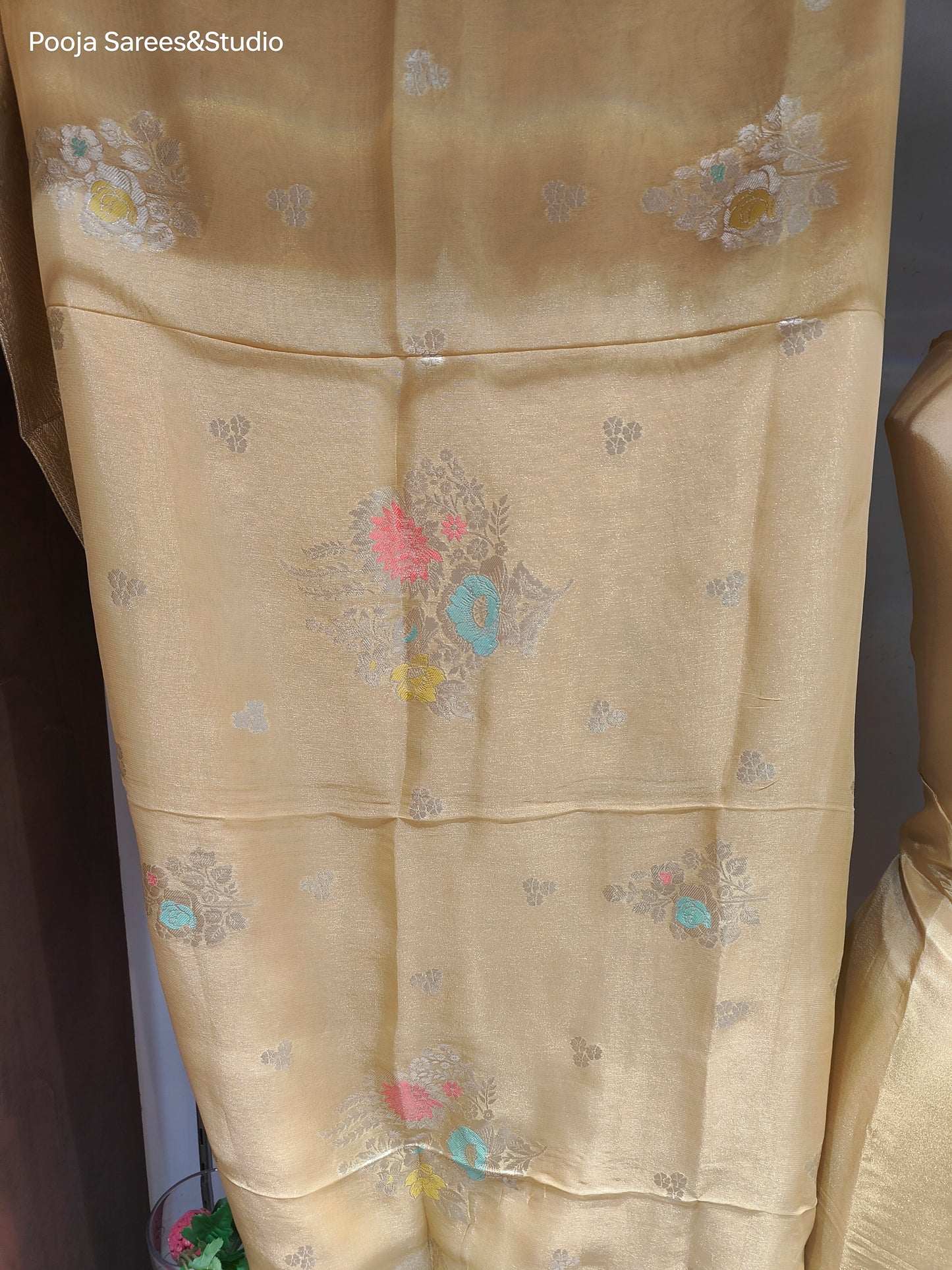 AARSAA Mustard Tissue Zardozi Applique work Unstitched Suit with Rich Tissue Banarasi Dupatta