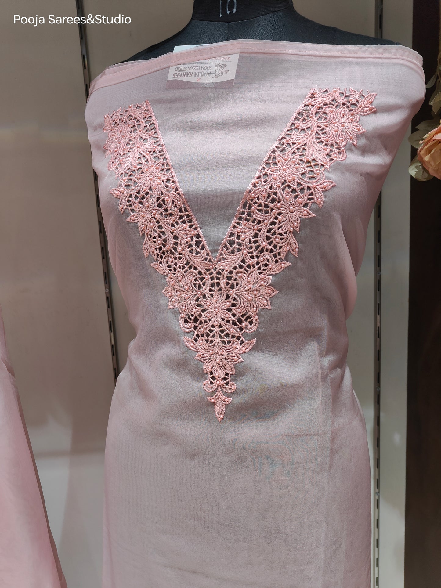 AARSAA Pink Organza Cutwork V neck and Cutwork Border Dupatta Unstitched Suit