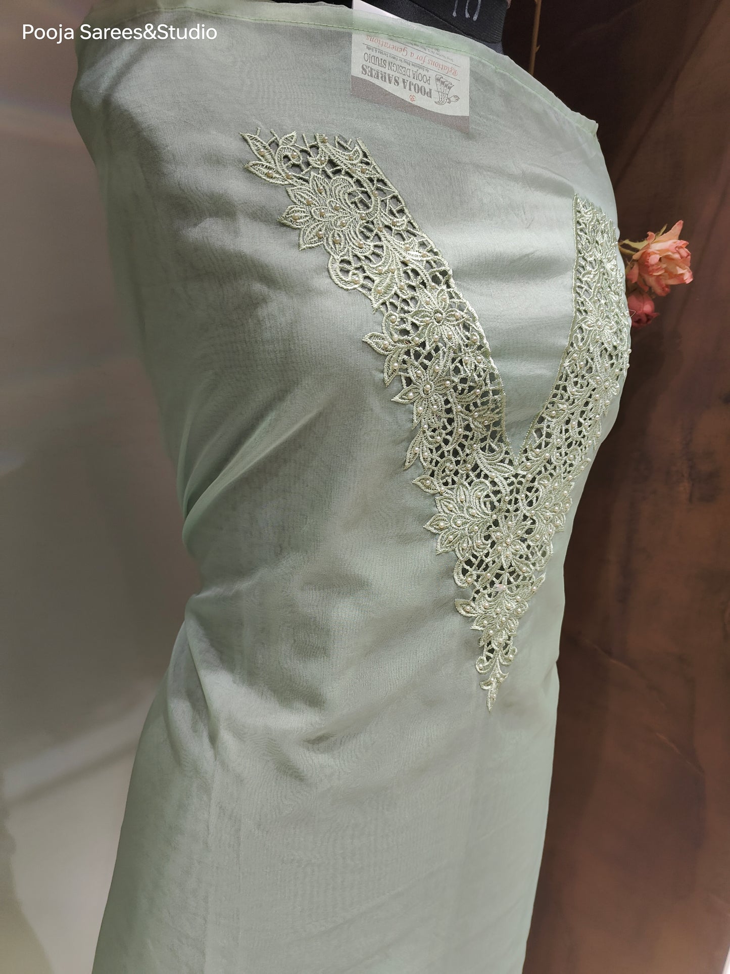 AARSAA Grey Organza Cutwork V neck and Cutwork Border Dupatta Unstitched Suit