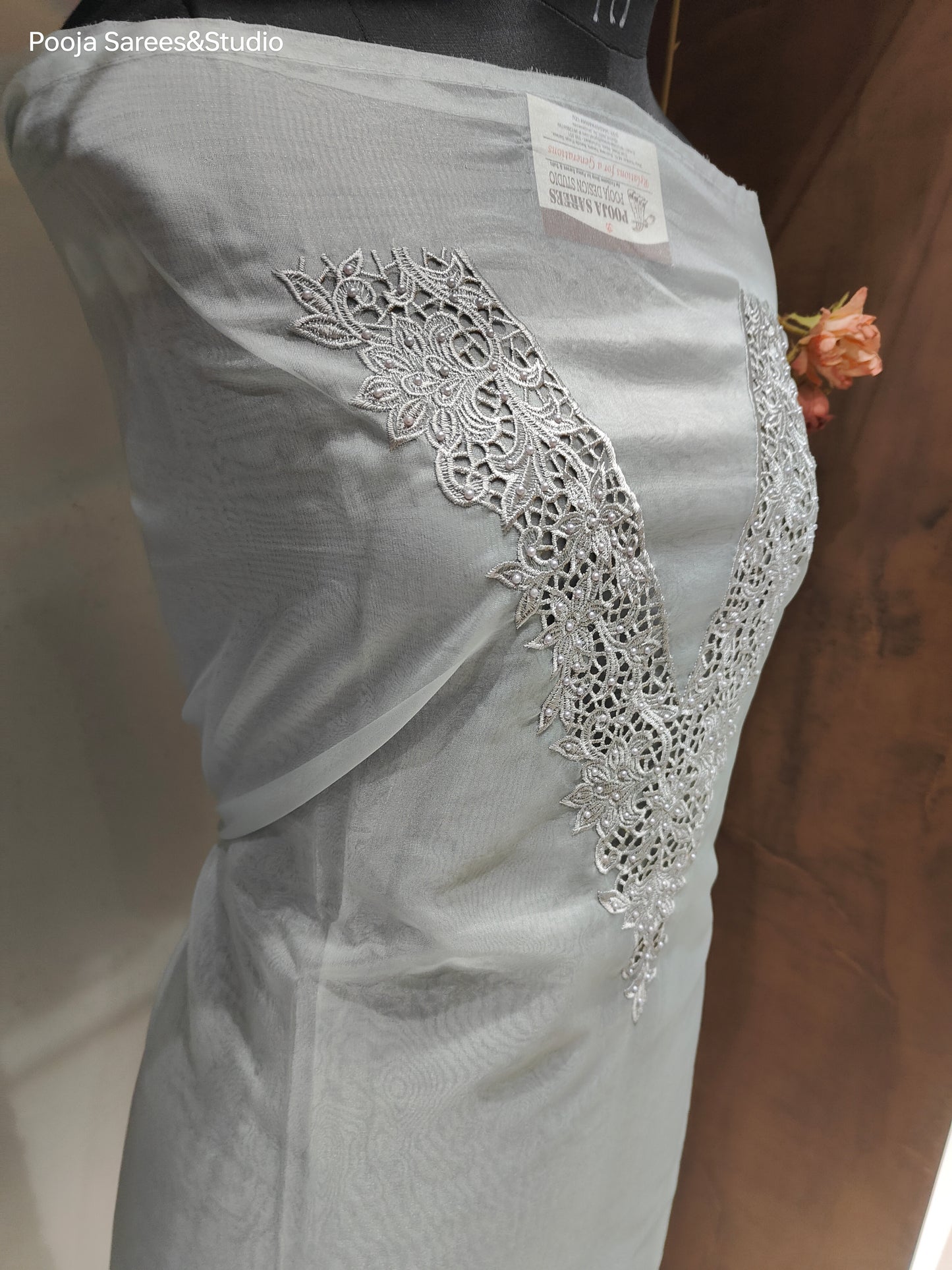 AARSAA Grey Organza Cutwork V neck and Cutwork Border Dupatta Unstitched Suit