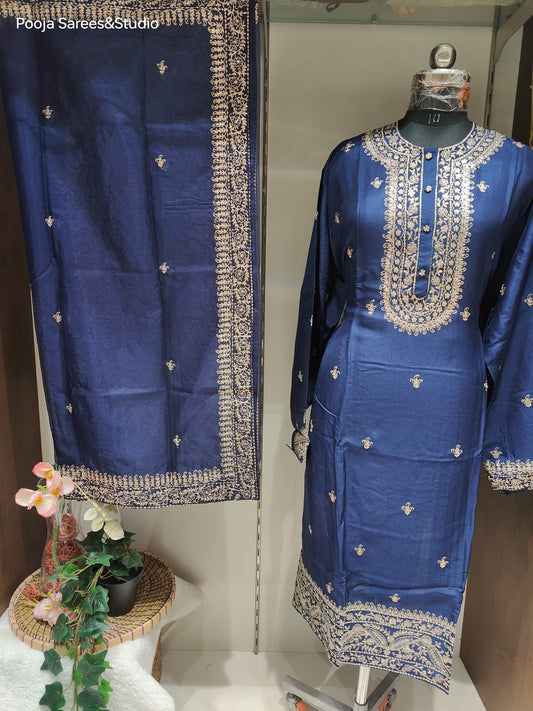 AARSAA Navy Blue Pure Silk Pita Work Semi Stitched Kurta with Pura Organza Pita Work Dupatta and Silk Pant with Pita Work