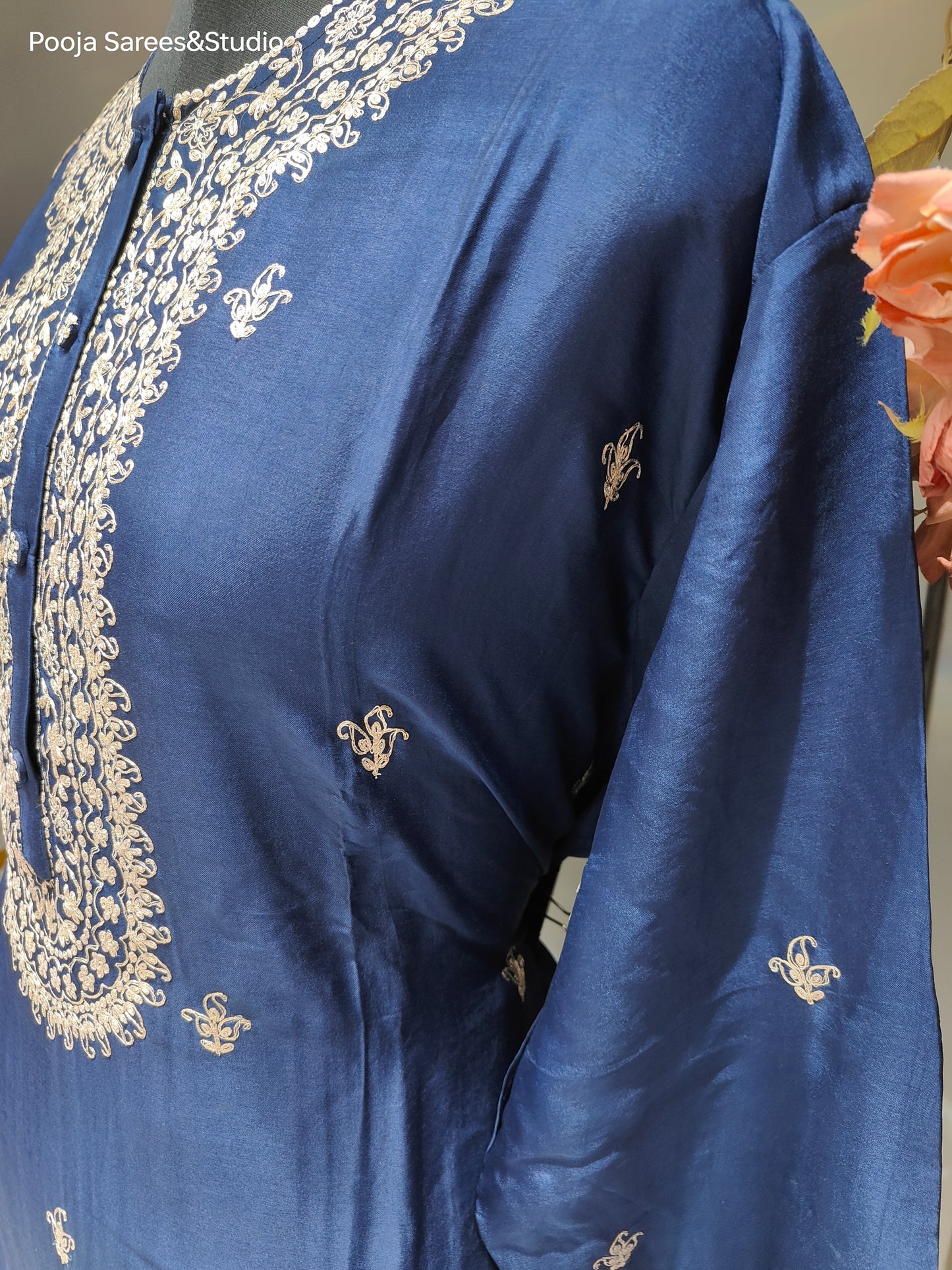 AARSAA Navy Blue Pure Silk Pita Work Semi Stitched Kurta with Pura Organza Pita Work Dupatta and Silk Pant with Pita Work