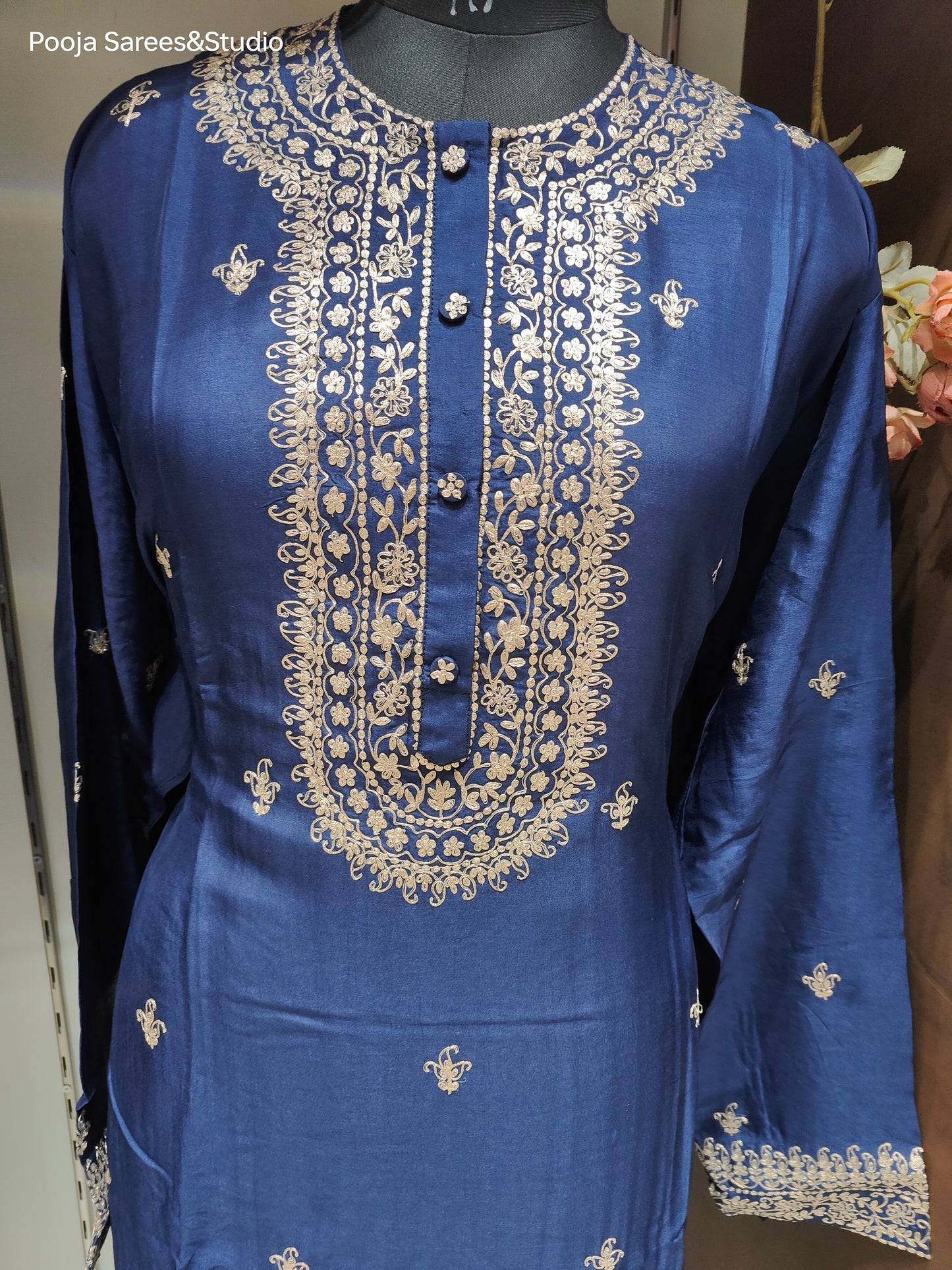 AARSAA Navy Blue Pure Silk Pita Work Semi Stitched Kurta with Pura Organza Pita Work Dupatta and Silk Pant with Pita Work