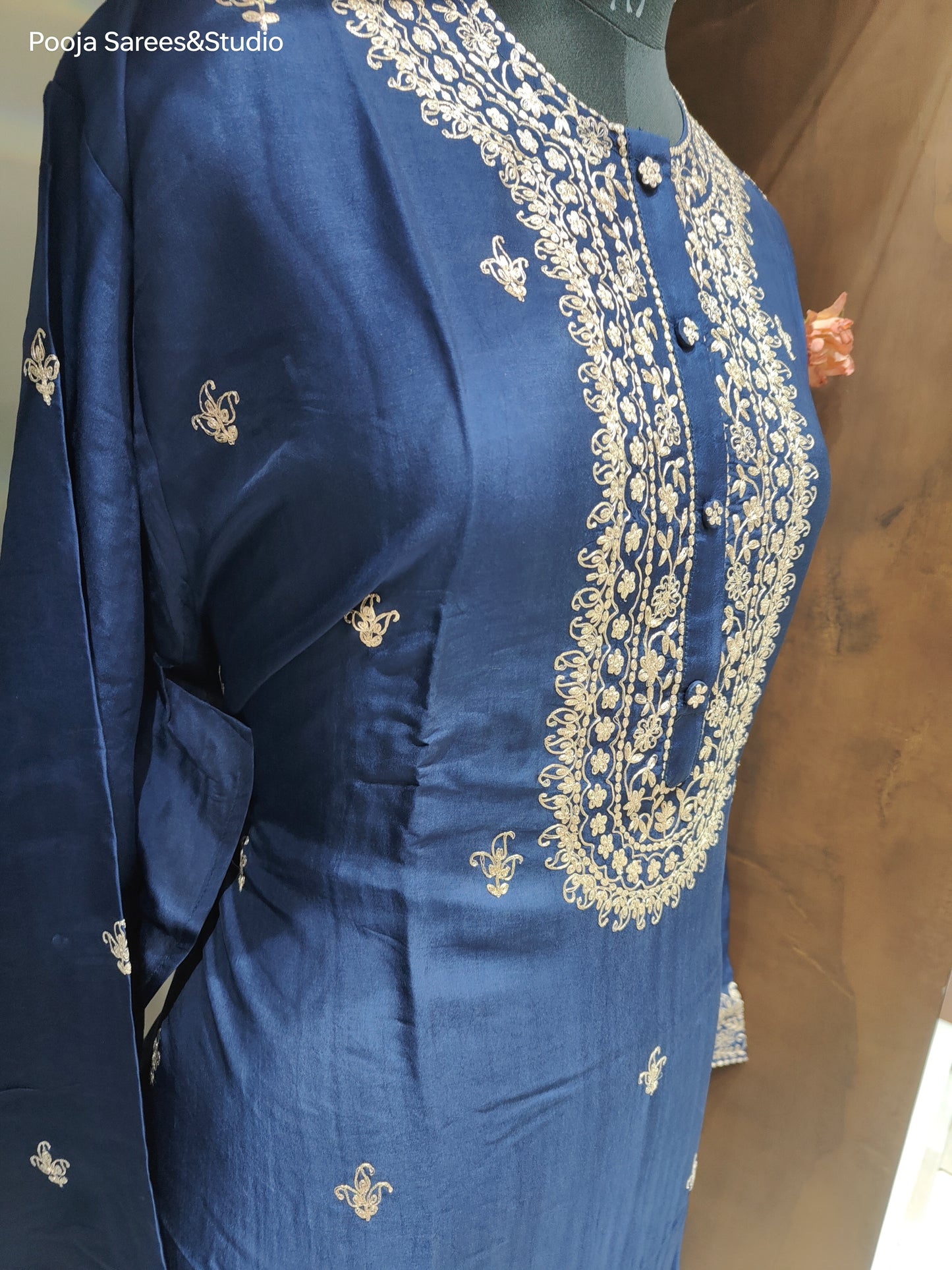 AARSAA Navy Blue Pure Silk Pita Work Semi Stitched Kurta with Pura Organza Pita Work Dupatta and Silk Pant with Pita Work