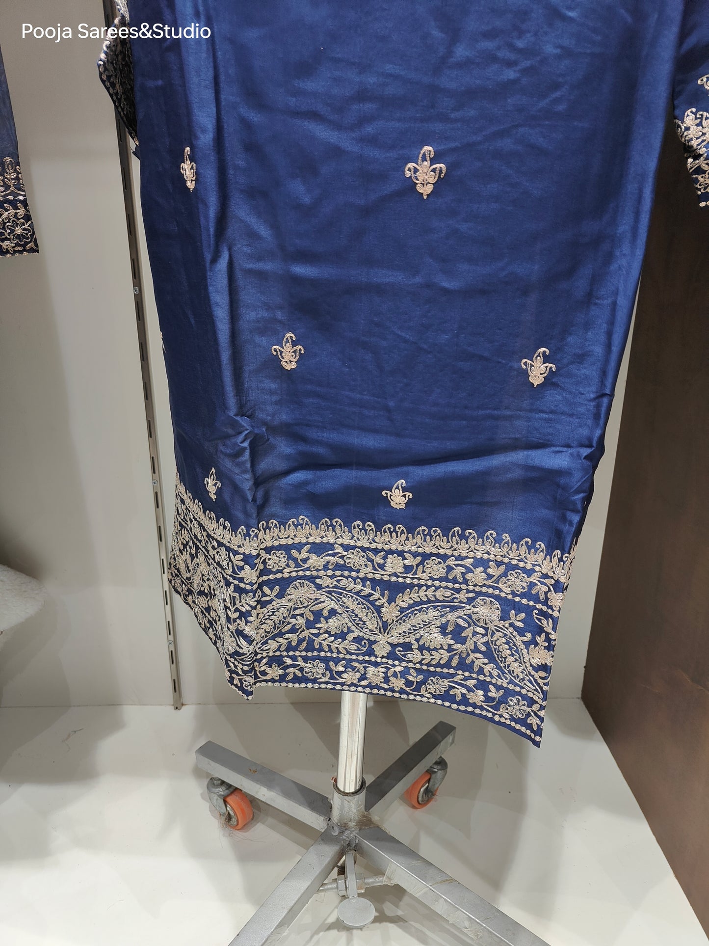 AARSAA Navy Blue Pure Silk Pita Work Semi Stitched Kurta with Pura Organza Pita Work Dupatta and Silk Pant with Pita Work