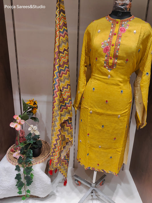 AARSAA Yellow Raw Silk Threadwork Semi Stitched Kurta with Printed Dupatta