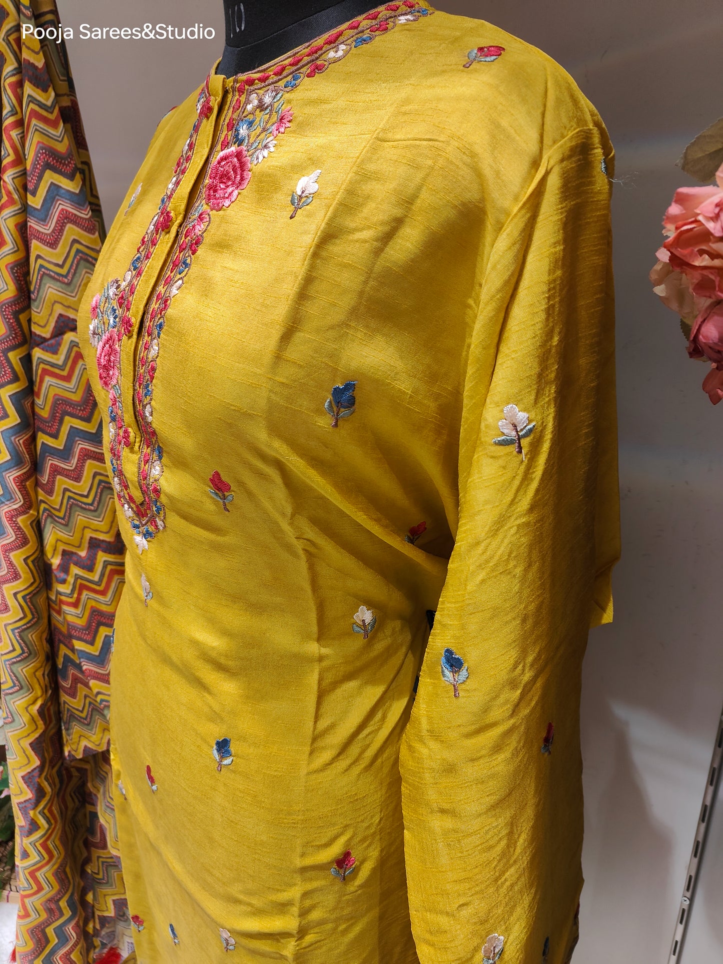 AARSAA Yellow Raw Silk Threadwork Semi Stitched Kurta with Printed Dupatta