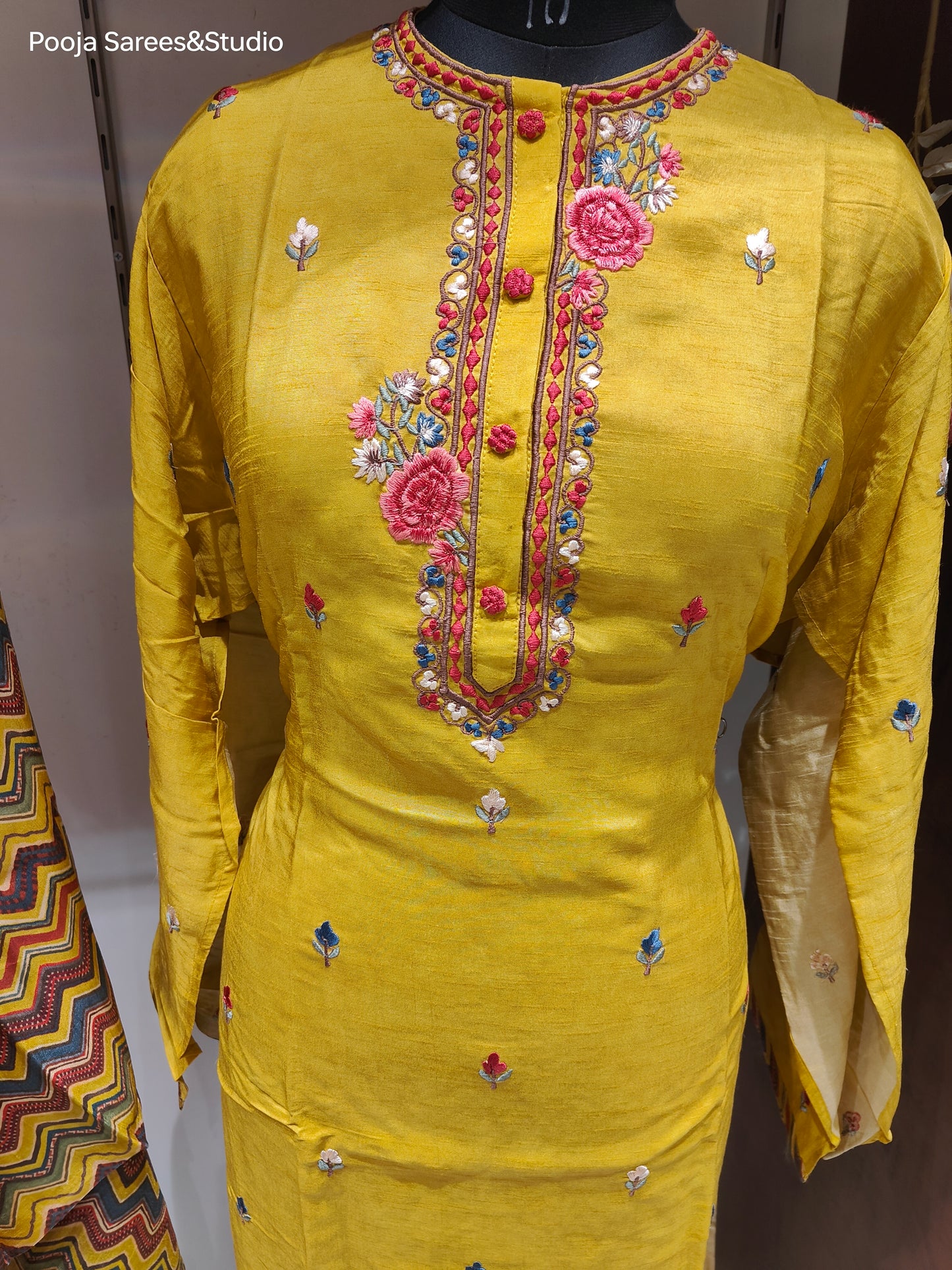 AARSAA Yellow Raw Silk Threadwork Semi Stitched Kurta with Printed Dupatta