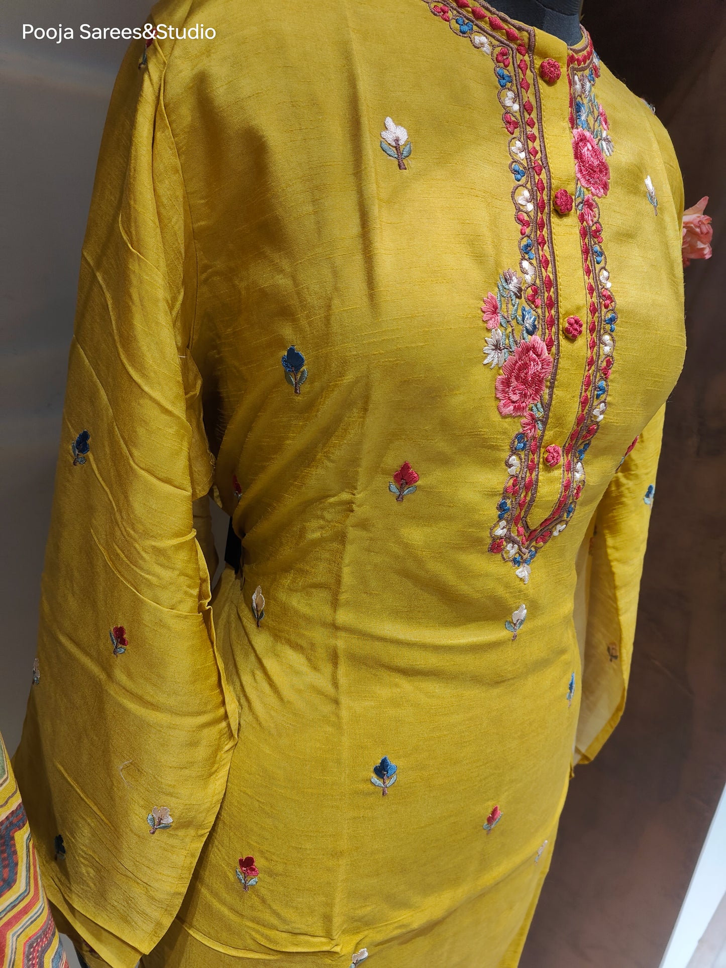 AARSAA Yellow Raw Silk Threadwork Semi Stitched Kurta with Printed Dupatta