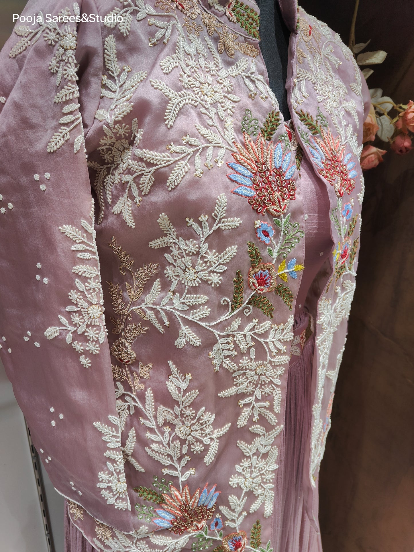 AARSAA Lilac Organza Full Moti Threadwork Jacket with Raw Silk Moti Threadwork Blouse and Flared Sequined Lehanga