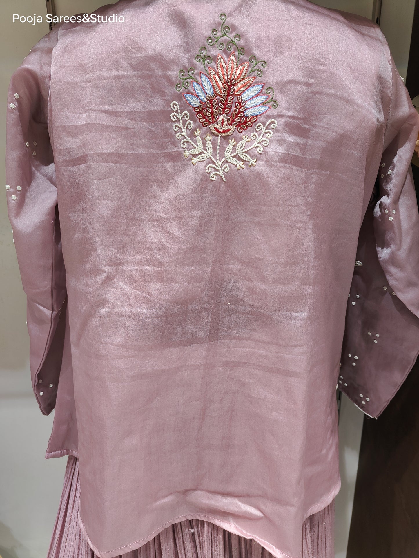 AARSAA Lilac Organza Full Moti Threadwork Jacket with Raw Silk Moti Threadwork Blouse and Flared Sequined Lehanga