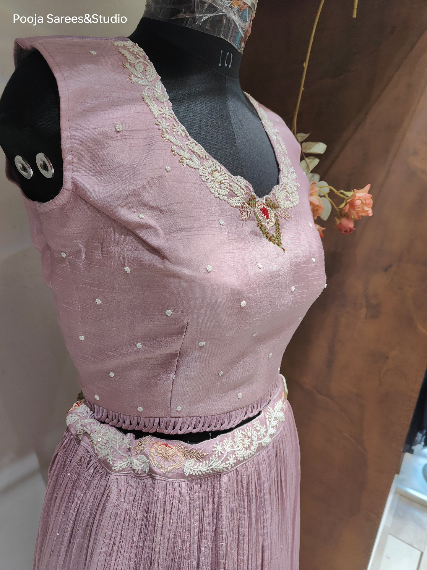 AARSAA Lilac Organza Full Moti Threadwork Jacket with Raw Silk Moti Threadwork Blouse and Flared Sequined Lehanga