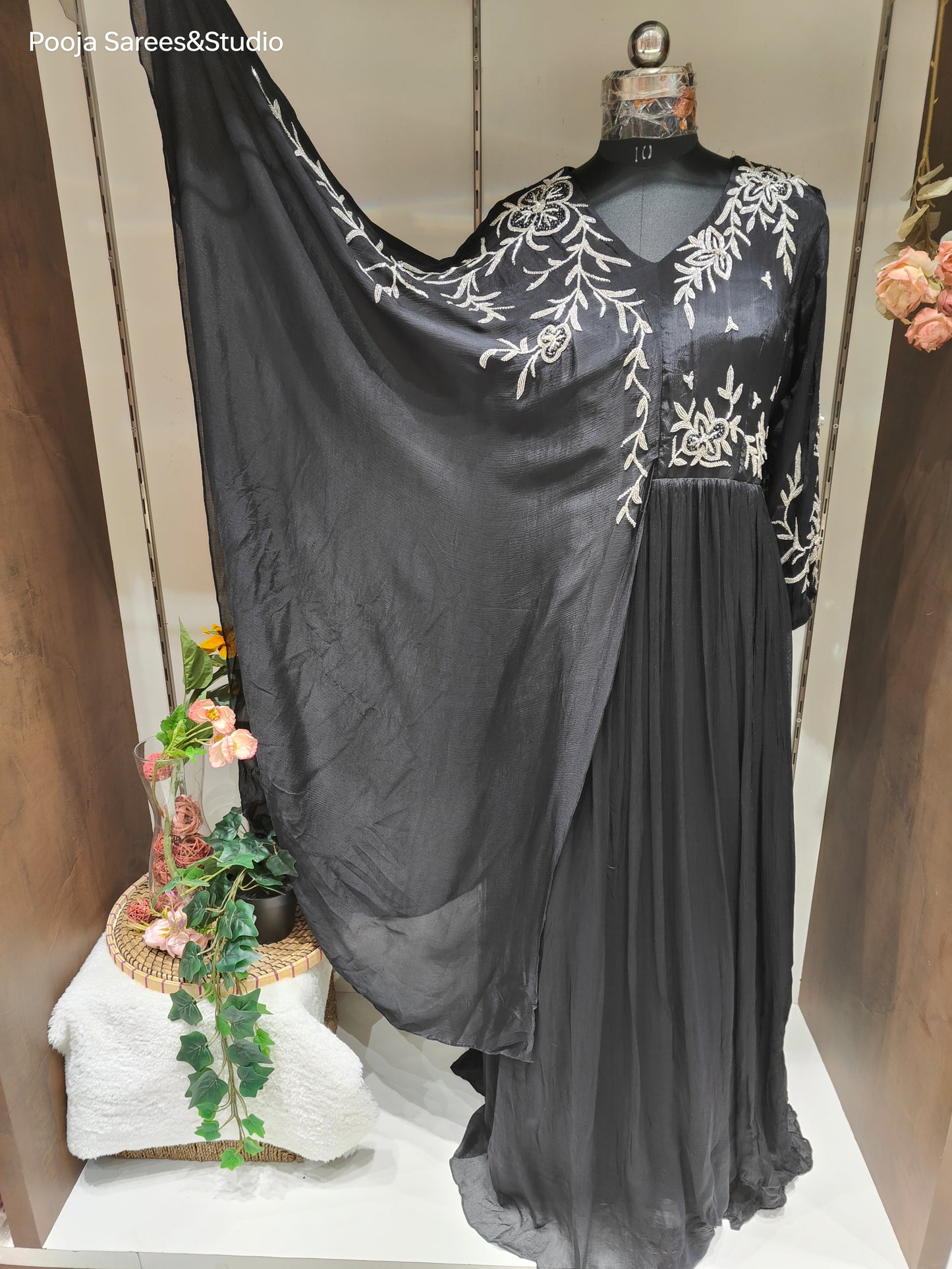 AARSAA Black Crepe Katdana Work Stylish Sleeve Plus Size Gown