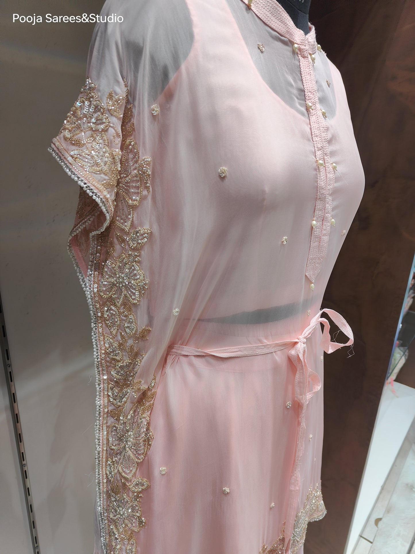 AARSAA Pink Organza Katdana Work Kaftan with Katdana work Palazzo