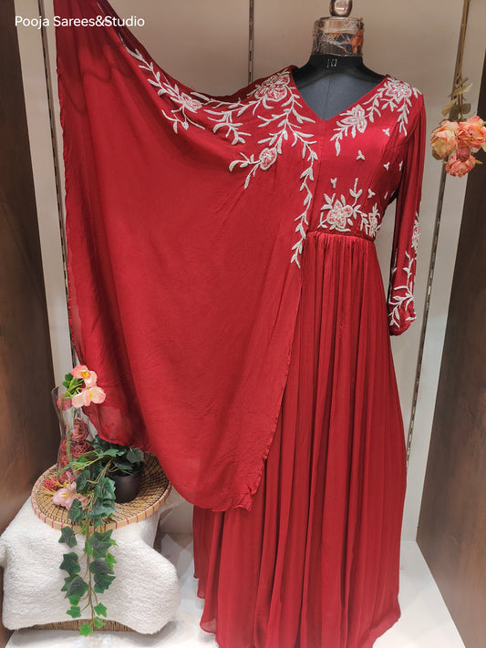 AARSAA Maroon Crepe Katdana Work Stylish Sleeve Plus Size Gown