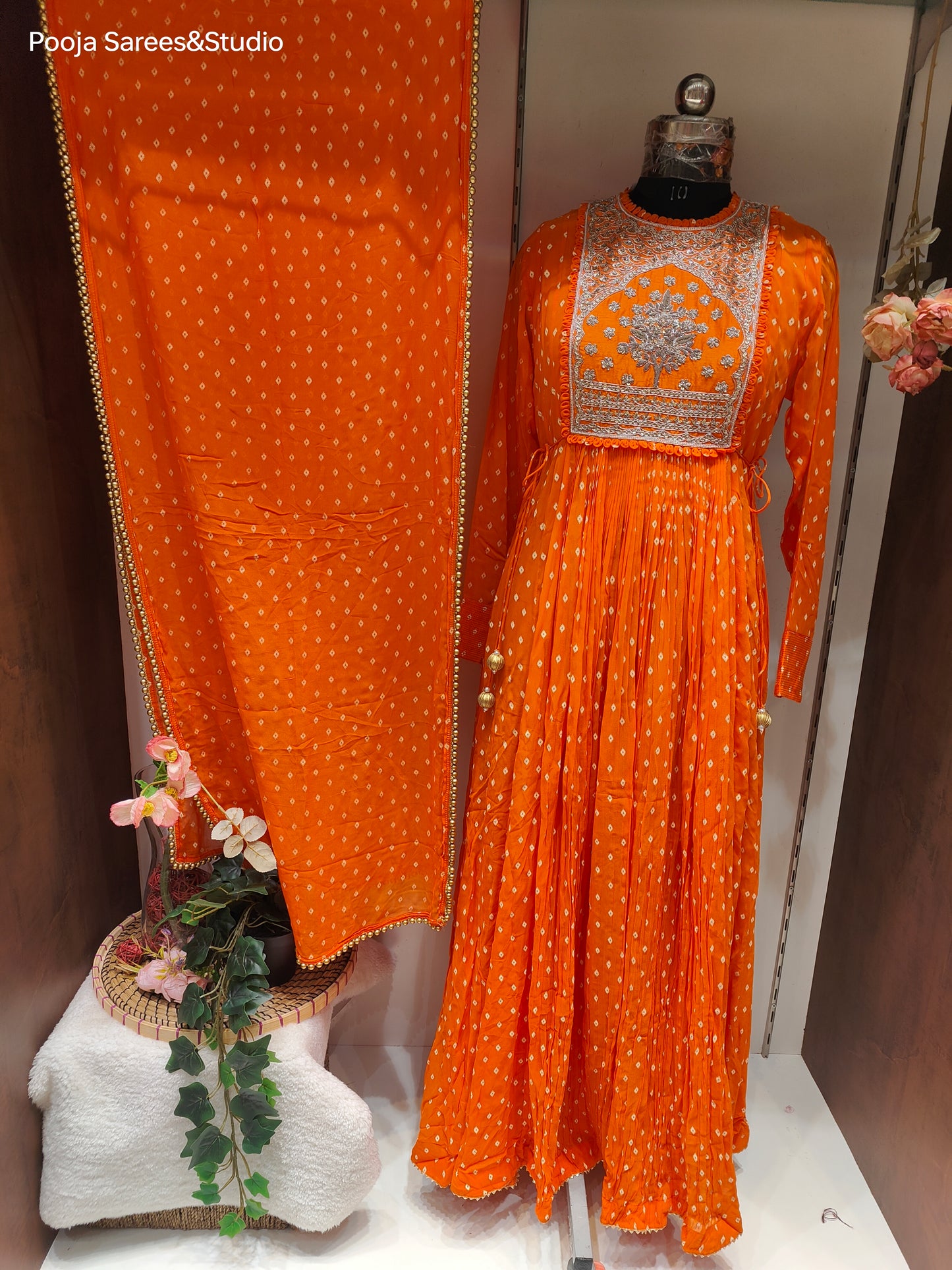 AARSAA Orange Bandhani Printed Crepe Zardozi Work on Yolk with matching dupatta