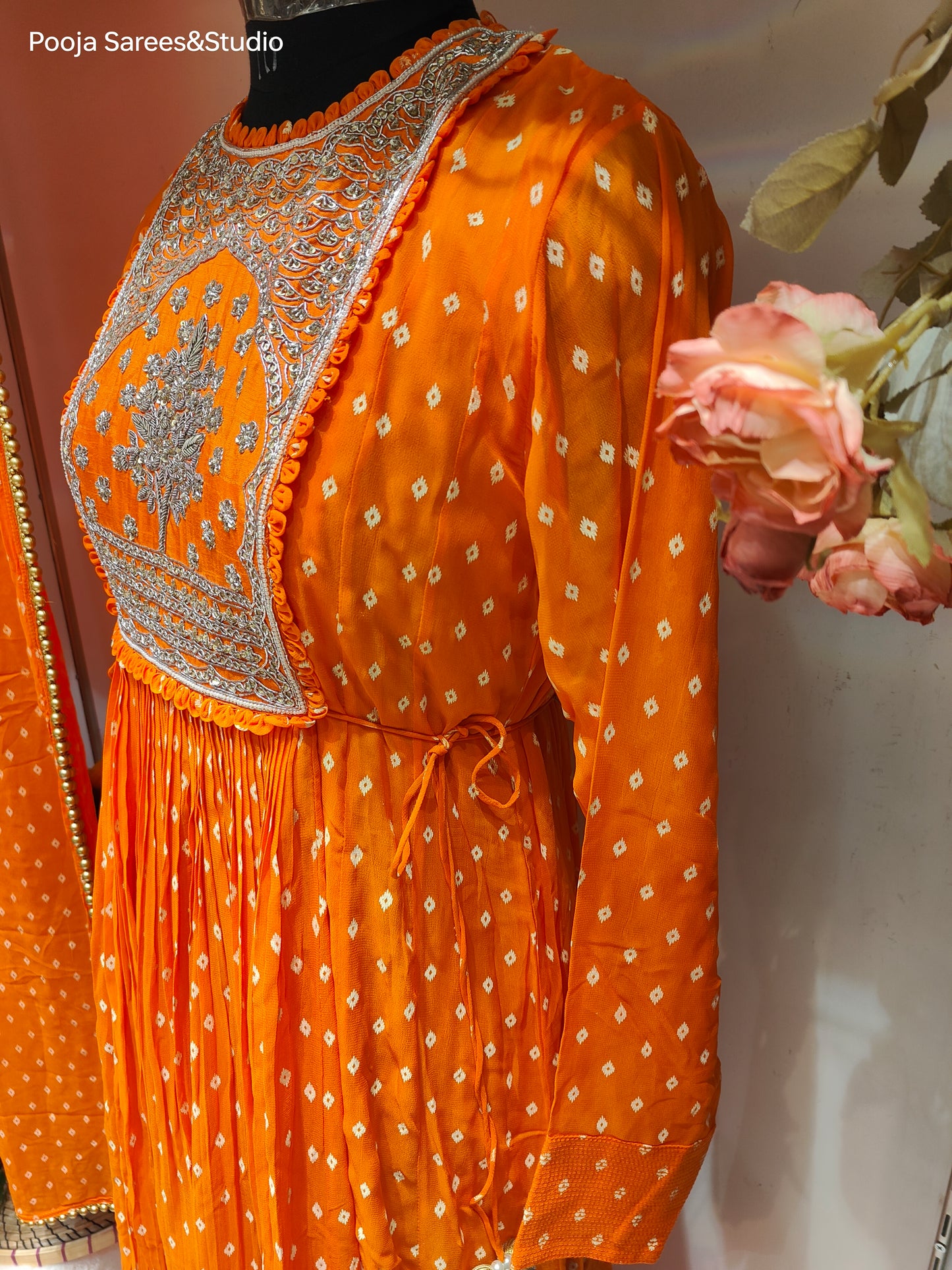 AARSAA Orange Bandhani Printed Crepe Zardozi Work on Yolk with matching dupatta