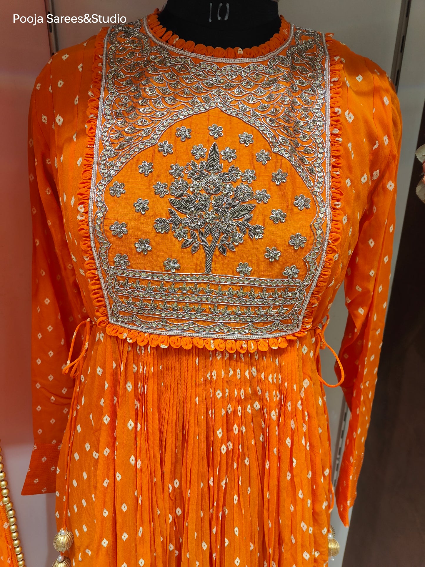 AARSAA Orange Bandhani Printed Crepe Zardozi Work on Yolk with matching dupatta