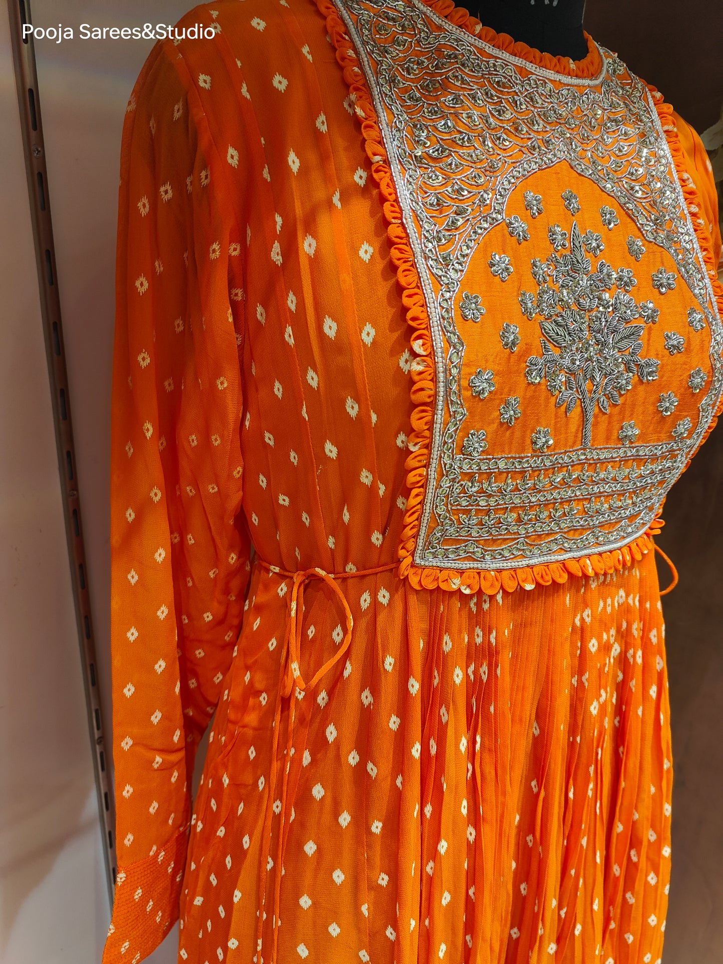 AARSAA Orange Bandhani Printed Crepe Zardozi Work on Yolk with matching dupatta