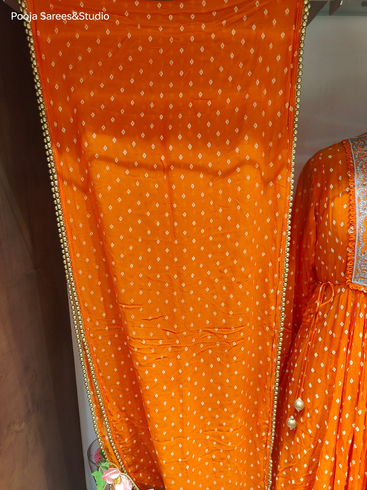 AARSAA Orange Bandhani Printed Crepe Zardozi Work on Yolk with matching dupatta