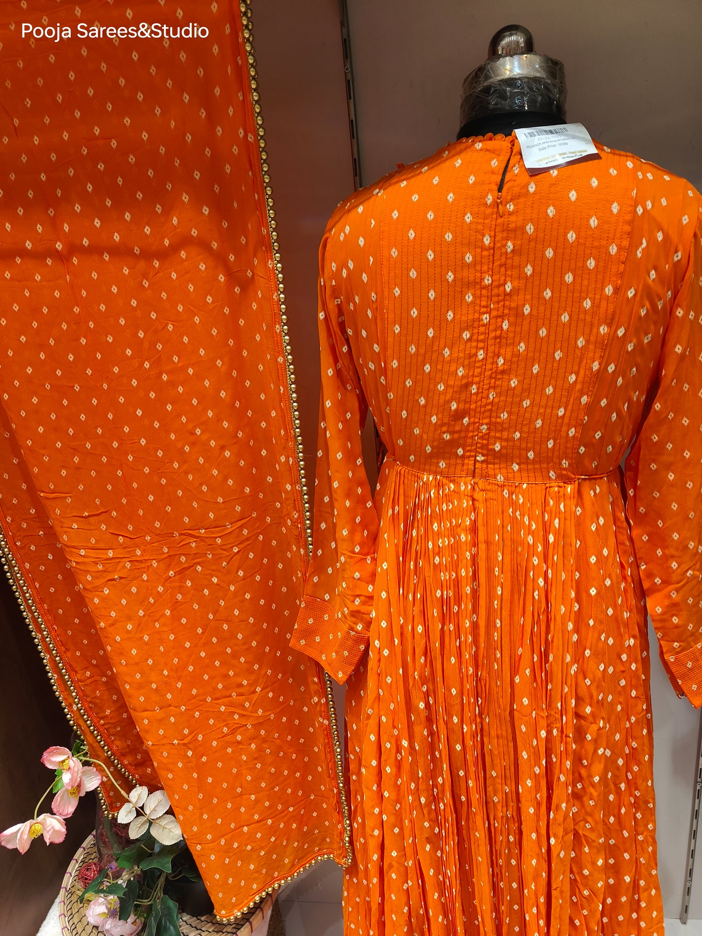 AARSAA Orange Bandhani Printed Crepe Zardozi Work on Yolk with matching dupatta