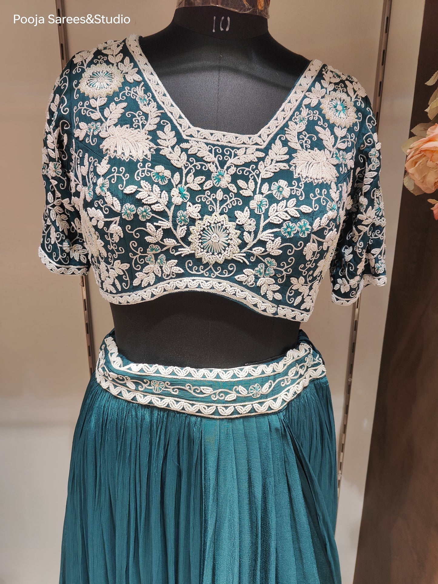 AARSAA Turquoise Crepe Moti work blouse with Flared Moti work drape lehenga