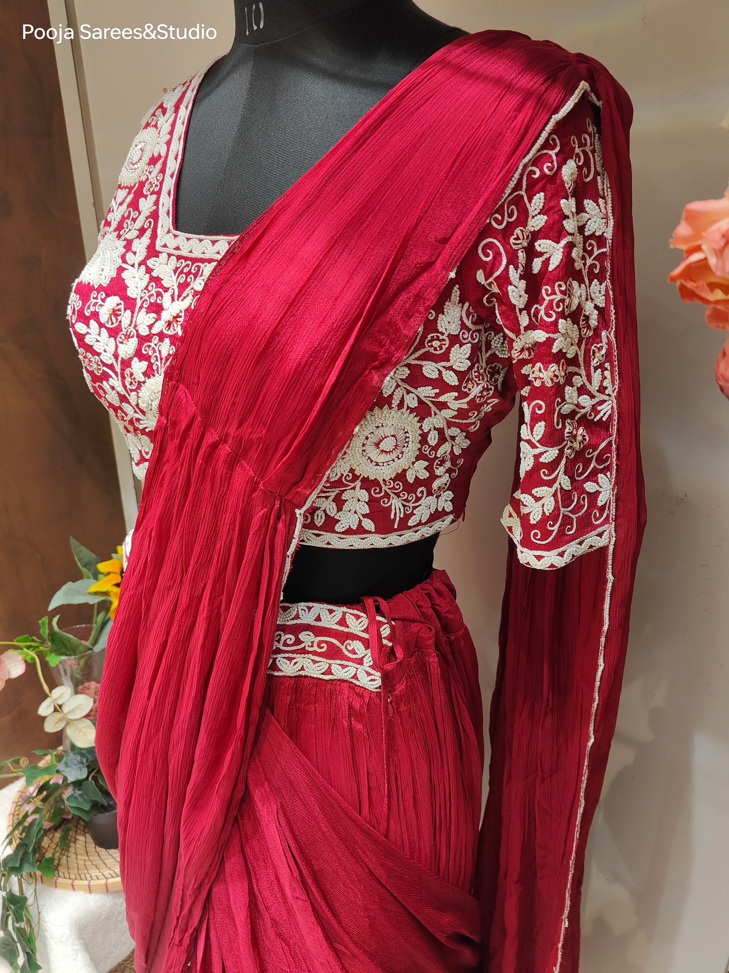 AARSAA Maroon Crepe Moti work blouse with Flared Moti work drape lehenga