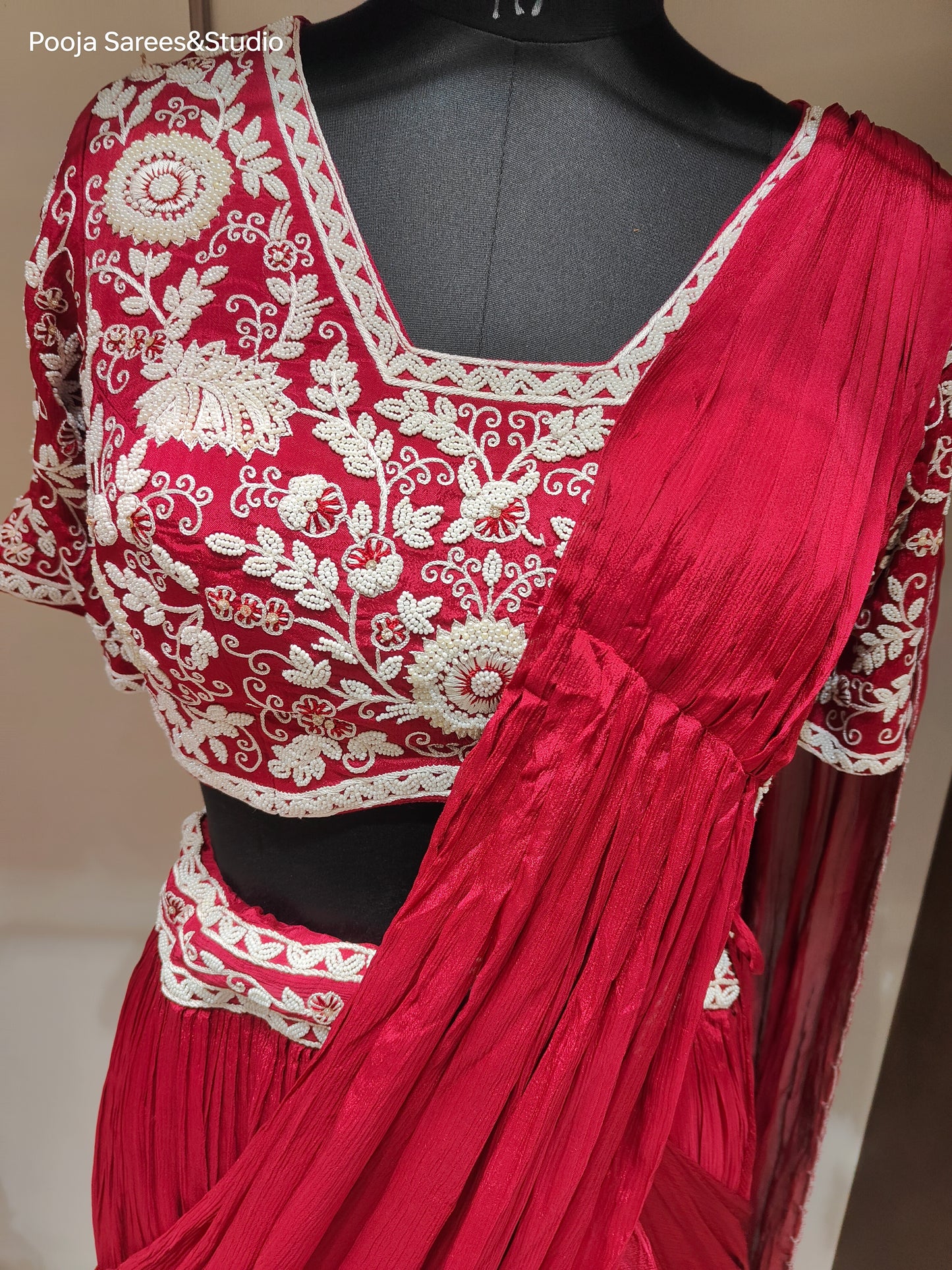 AARSAA Maroon Crepe Moti work blouse with Flared Moti work drape lehenga