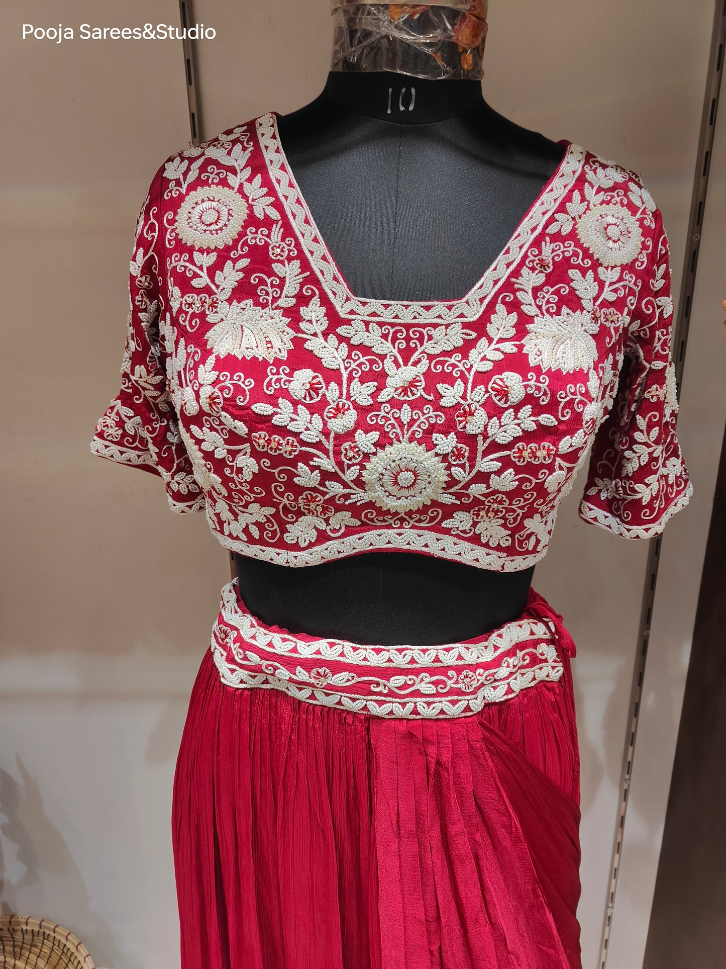 AARSAA Maroon Crepe Moti work blouse with Flared Moti work drape lehenga