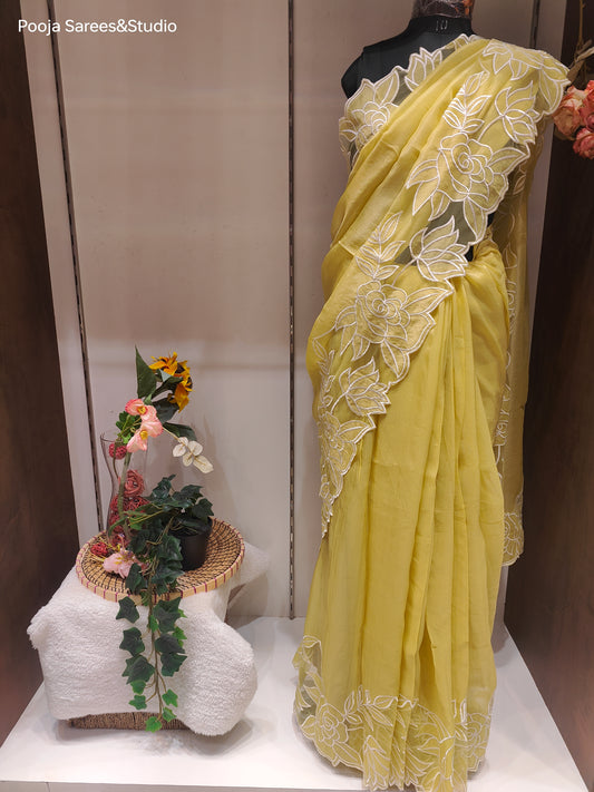 AARSAA Yellow Tissue Cutwork Border Sarees With Running Blouse