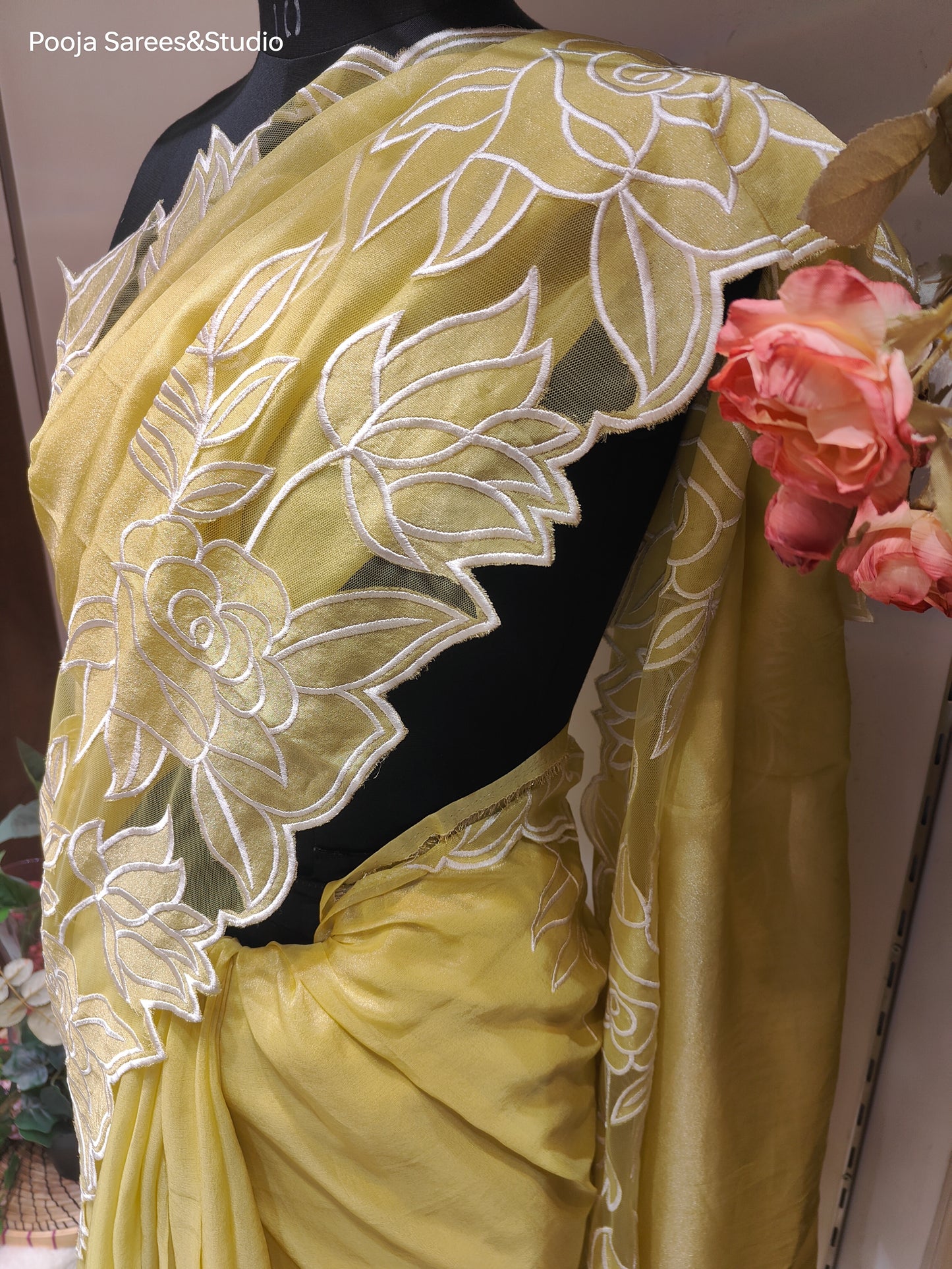 AARSAA Yellow Tissue Cutwork Border Sarees With Running Blouse