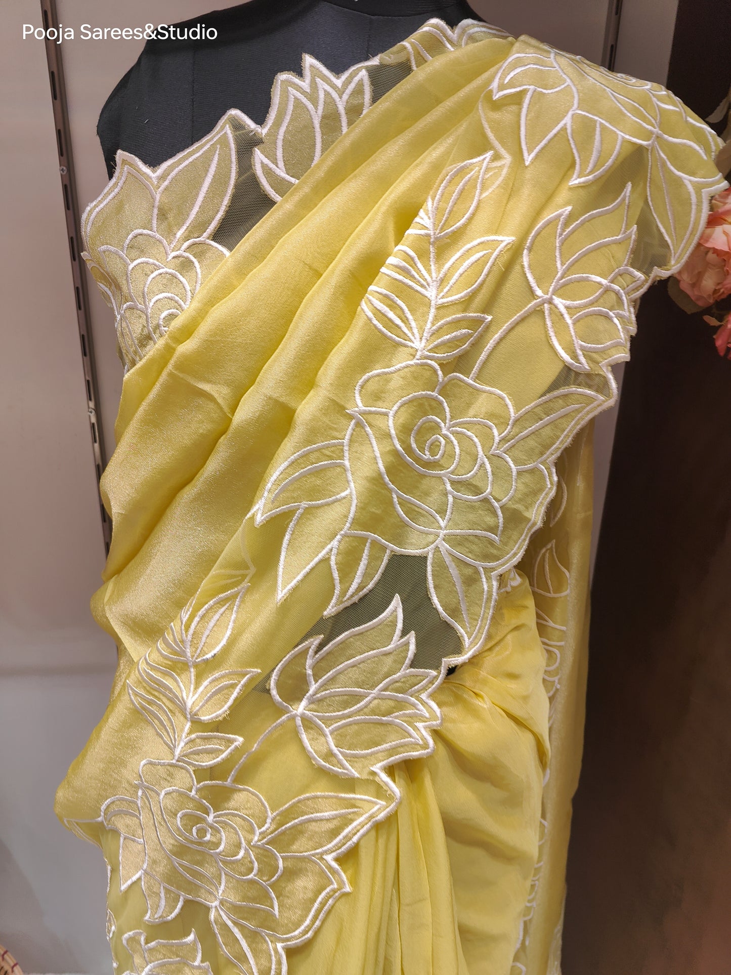 AARSAA Yellow Tissue Cutwork Border Sarees With Running Blouse