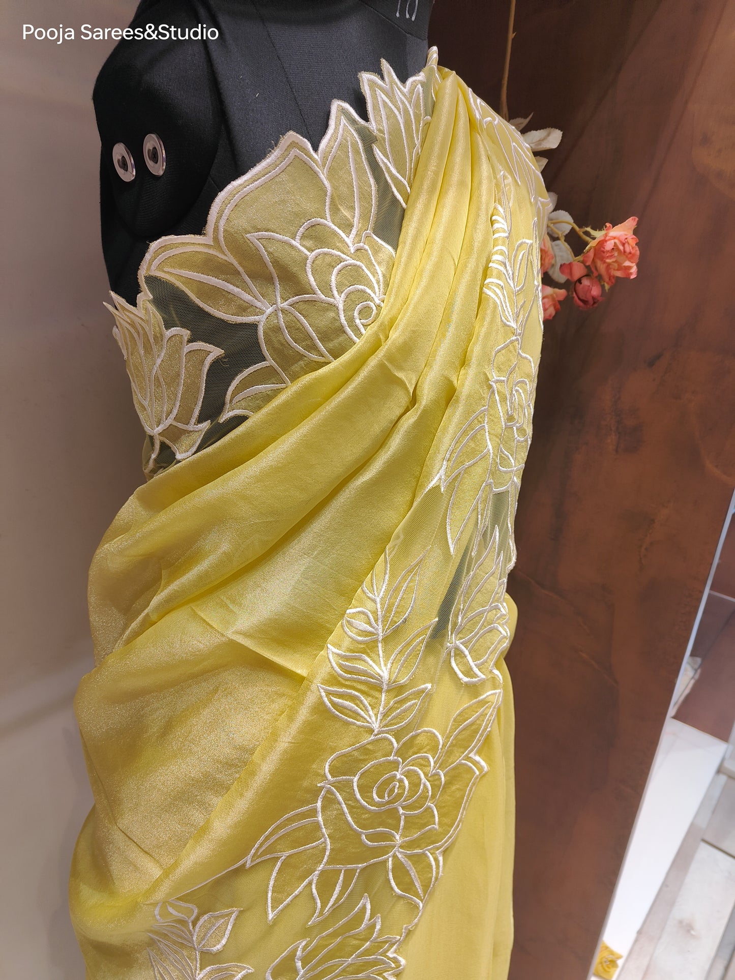 AARSAA Yellow Tissue Cutwork Border Sarees With Running Blouse