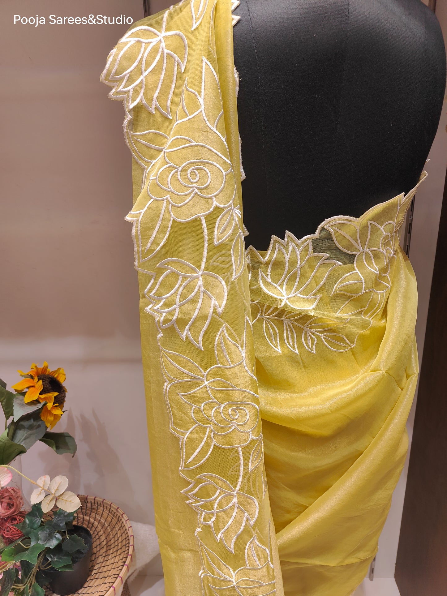 AARSAA Yellow Tissue Cutwork Border Sarees With Running Blouse