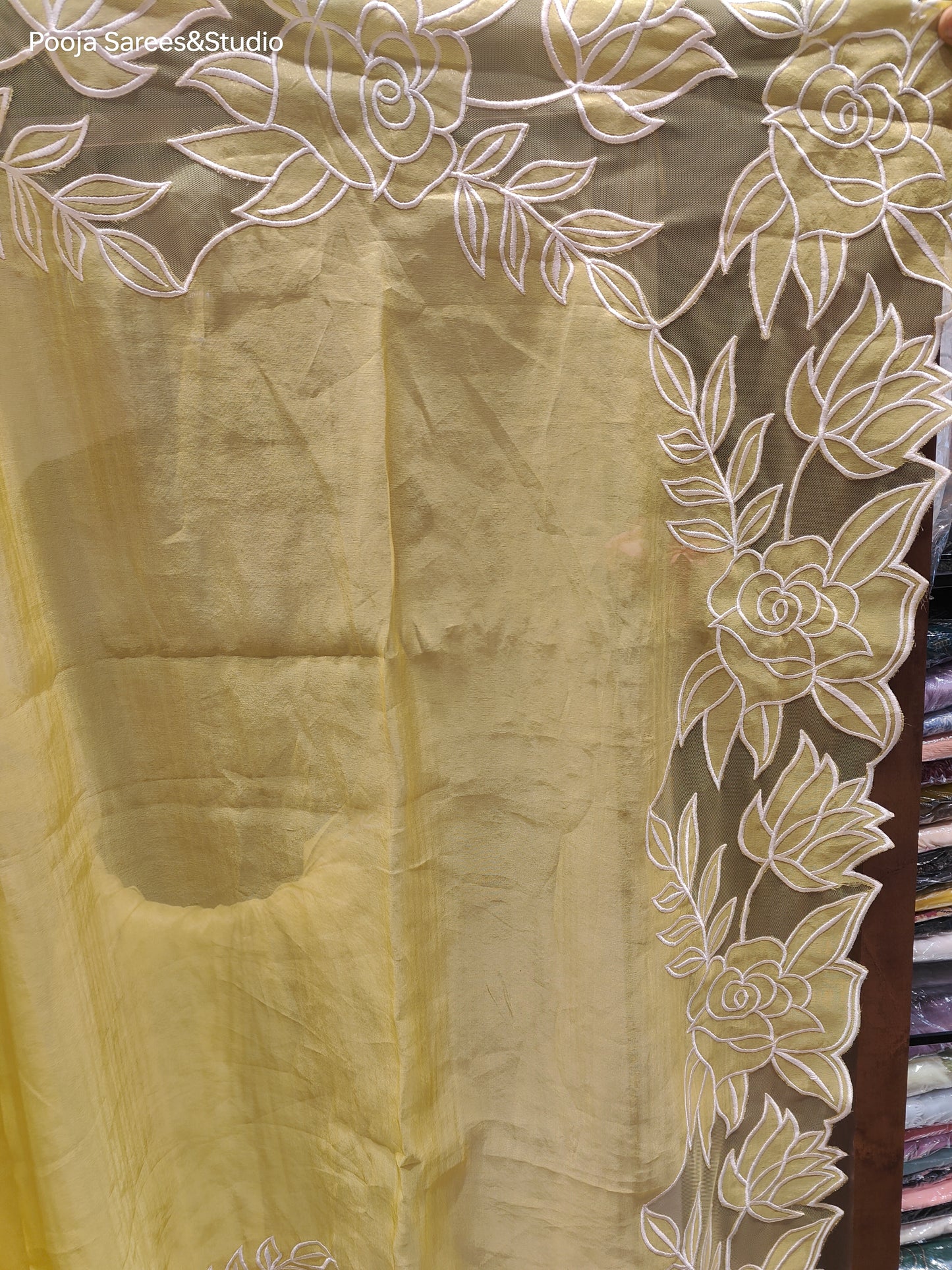 AARSAA Yellow Tissue Cutwork Border Sarees With Running Blouse