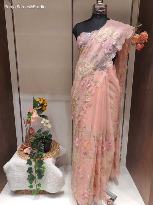 AARSAA Pink Organza Full Threadwork with Tissue Fabric Applique Work Saree with Plain Unstitched Blouse