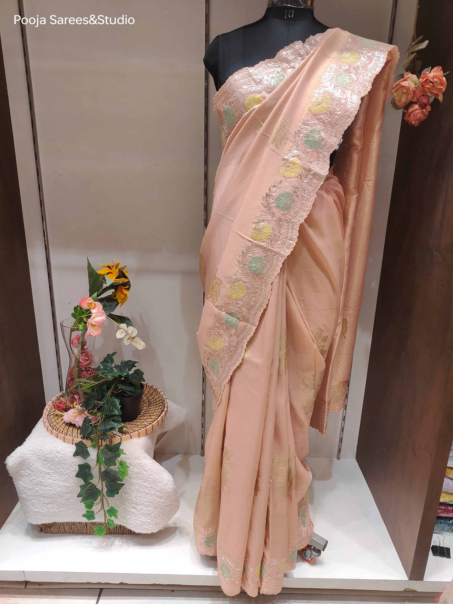 AARSAA Peach Tissue Pita and Applique Work Banarasi Saree with Pita Work Unstitched Blouse