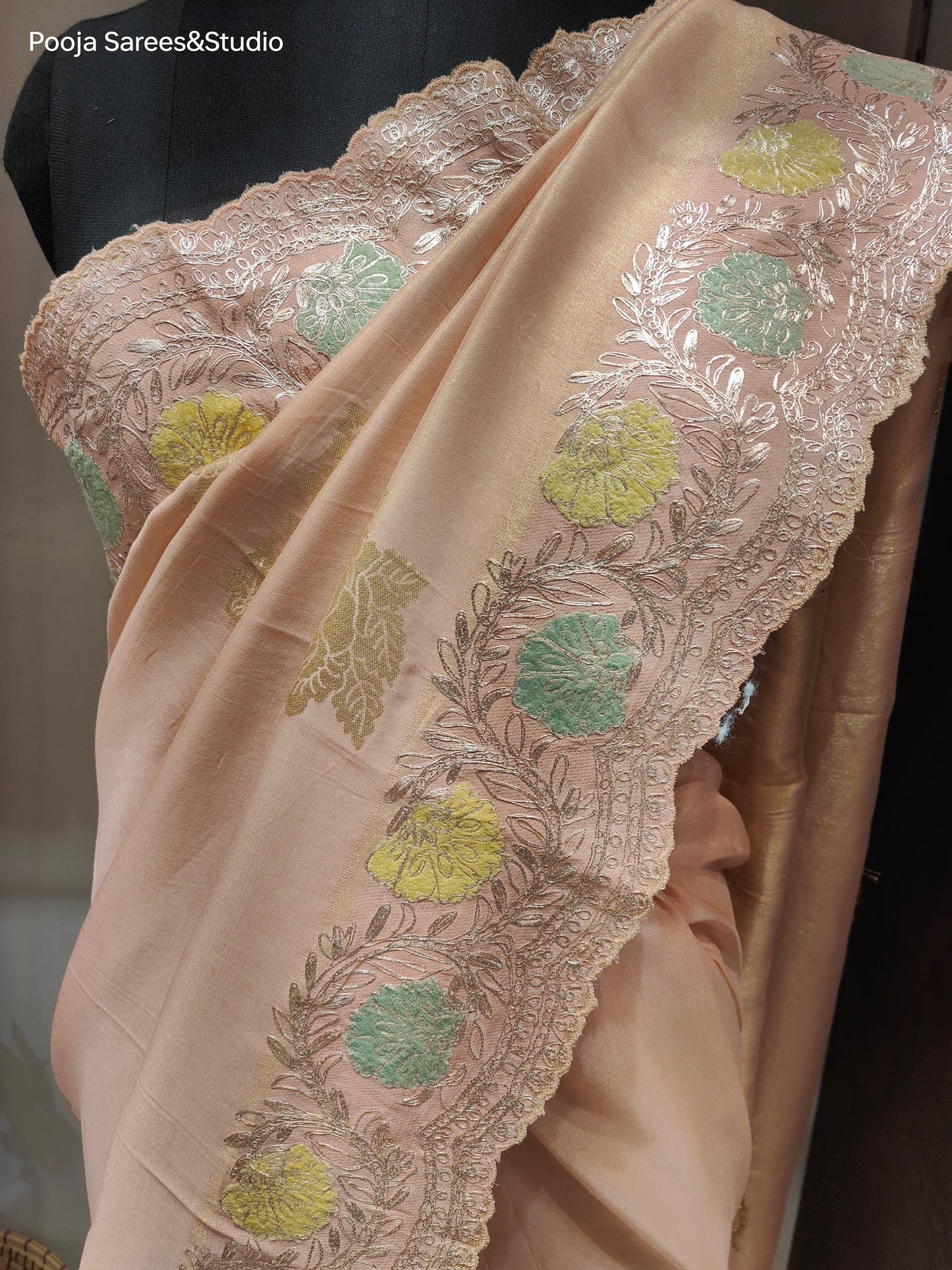 AARSAA Peach Tissue Pita and Applique Work Banarasi Saree with Pita Work Unstitched Blouse