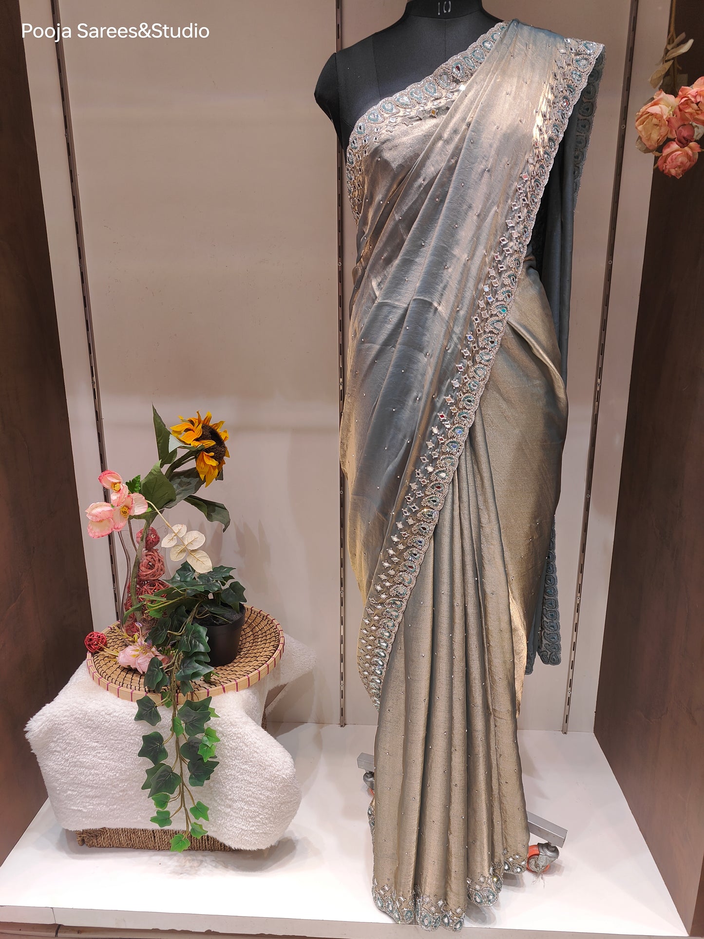 AARSAA Green Tora Silk Mirror and Stone work Saree with Unstitched Work Blouse