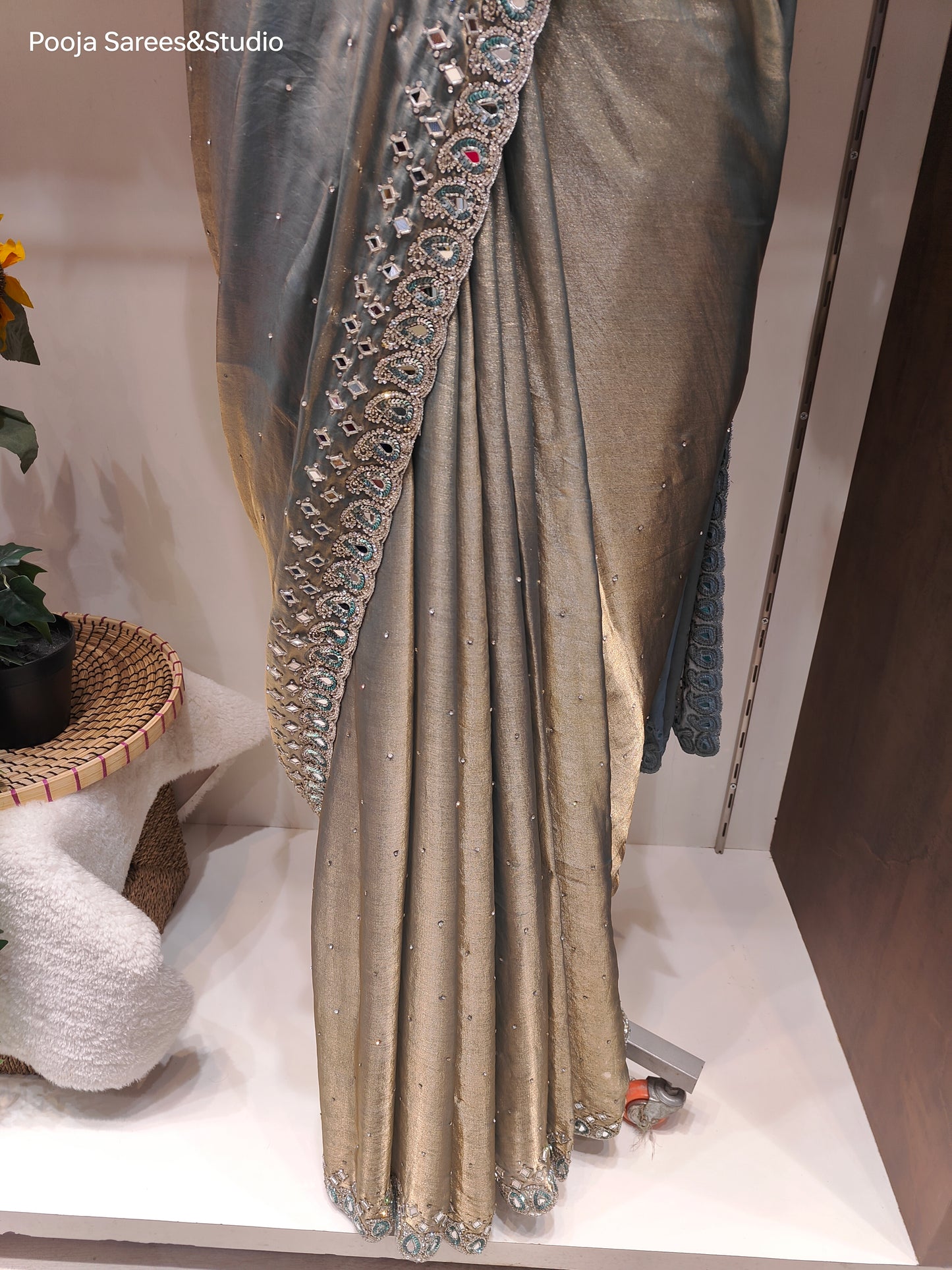 AARSAA Green Tora Silk Mirror and Stone work Saree with Unstitched Work Blouse