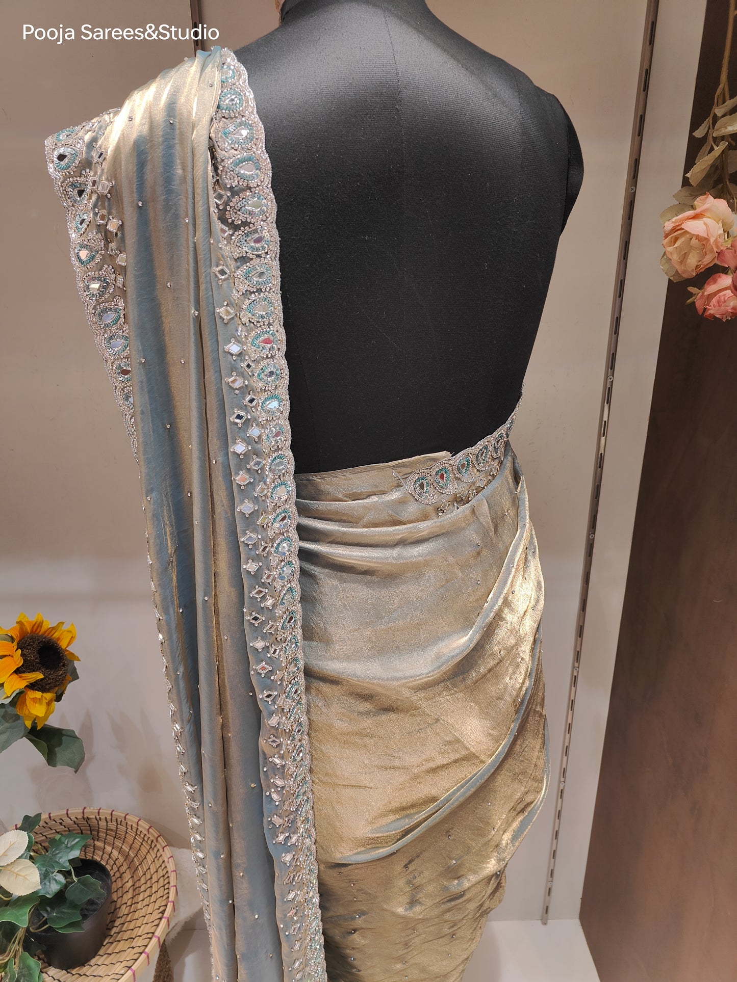 AARSAA Green Tora Silk Mirror and Stone work Saree with Unstitched Work Blouse